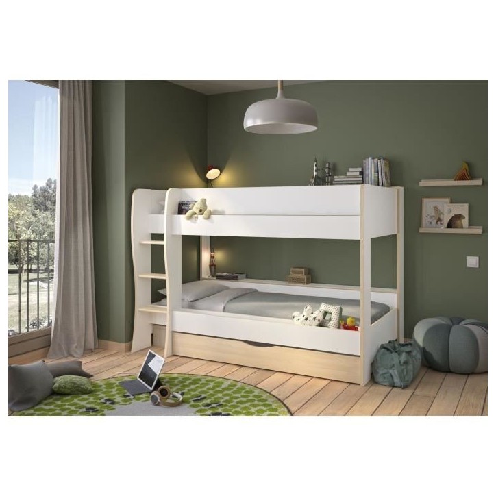 Lits superposés - Tiroir - ROOMY - Blanc / Chene naturel - GAMI