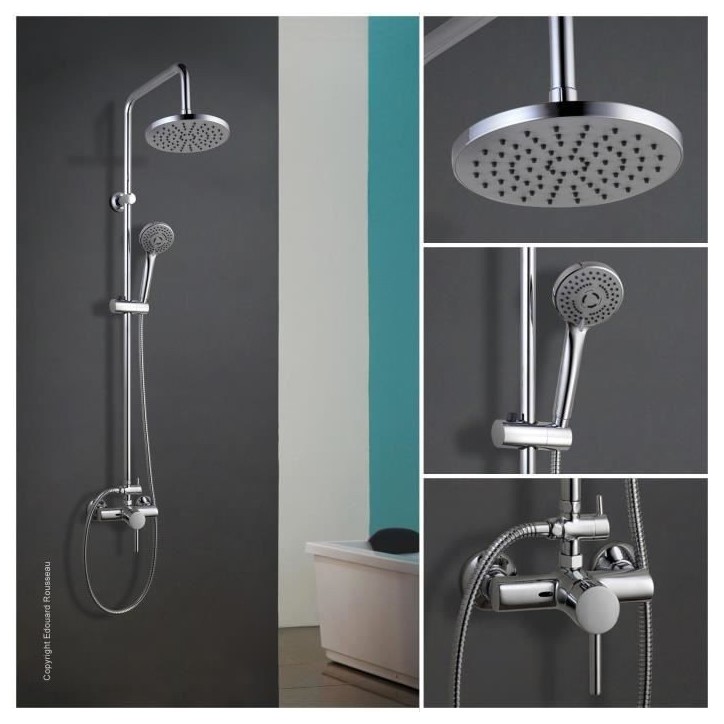 Colonne de douche ROUSSEAU Timaru avec mitigeur mécanique chrome - Tete de douche orientable, douchette 3 jets Colonne de douche ROUSSEAU Timaru avec mitigeur mécanique chrome - Tete de douche orientable, douchette 3 jets