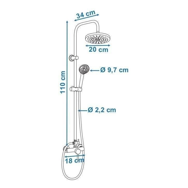 Colonne de douche ROUSSEAU Timaru avec mitigeur mécanique chrome - Tete de douche orientable, douchette 3 jets Colonne de douche ROUSSEAU Timaru avec mitigeur mécanique chrome - Tete de douche orientable, douchette 3 jets