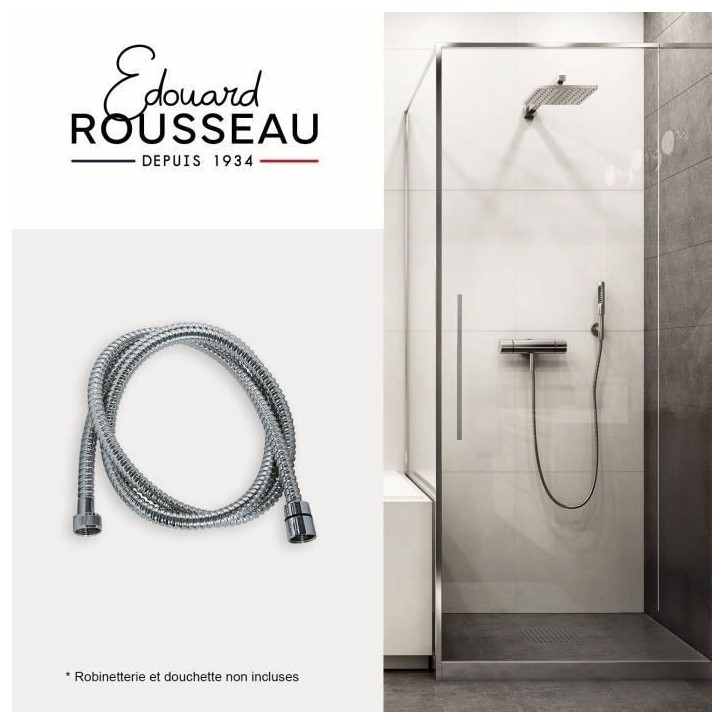 Flexible de douche - ROUSSEAU - Écrous métal - Sertis de sécurité - Longueur 1m50 - Inox chromé simple agrafage Flexible de douche - ROUSSEAU - Écrous métal - Sertis de sécurité - Longueur 1m50 - Inox chromé simple agrafage