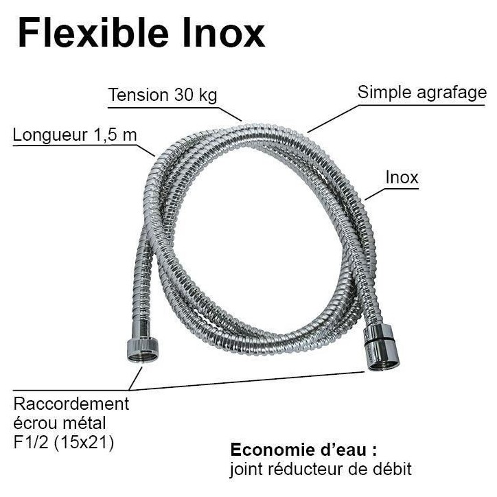 Flexible de douche - ROUSSEAU - Écrous métal - Sertis de sécurité - Longueur 1m50 - Inox chromé simple agrafage Flexible de douche - ROUSSEAU - Écrous métal - Sertis de sécurité - Longueur 1m50 - Inox chromé simple agrafage