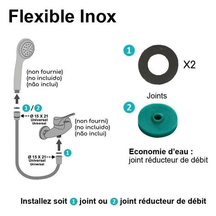 Flexible de douche - ROUSSEAU - Écrous métal - Sertis de sécurité - Longueur 2 m - Inox chromé simple agrafage Flexible de douche - ROUSSEAU - Écrous métal - Sertis de sécurité - Longueur 2 m - Inox chromé simple agrafage