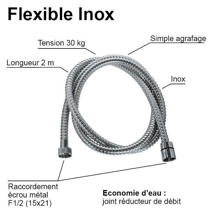 Flexible de douche - ROUSSEAU - Écrous métal - Sertis de sécurité - Longueur 2 m - Inox chromé simple agrafage Flexible de douche - ROUSSEAU - Écrous métal - Sertis de sécurité - Longueur 2 m - Inox chromé simple agrafage