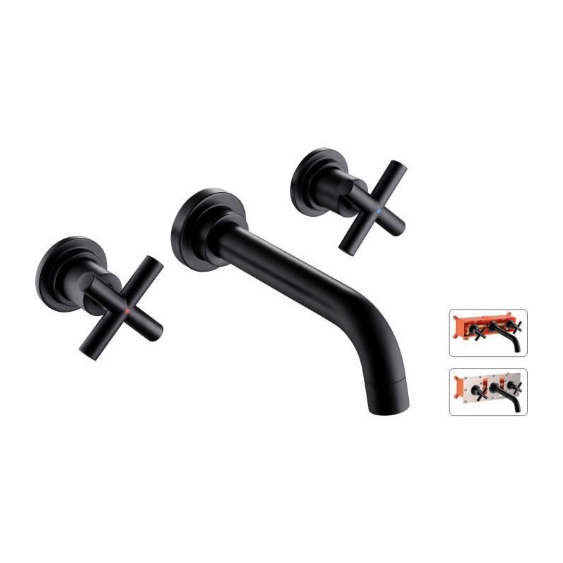 Robinet mural lavabo ROUSSEAU - tete céramique 1/4 t - couleur noir - Robinet mural lavabo ROUSSEAU - tete céramique 1/4 t - couleur noir -