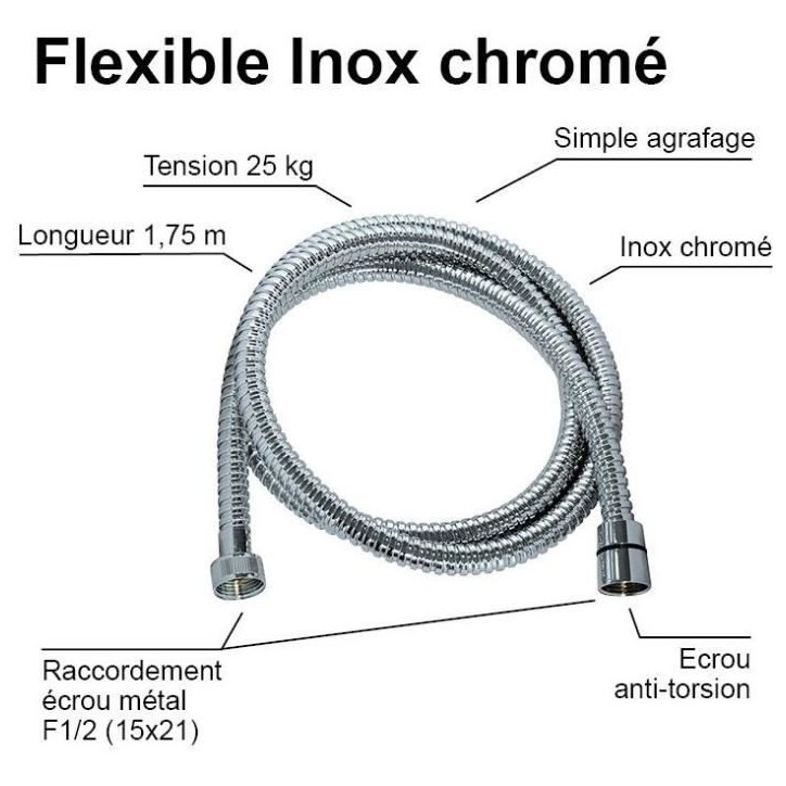 Flexible de douche - ROUSSEAU - Écrous métal anti-torsion - Pression 1 bar - Longueur 1m75 - Inox chromé double agrafage Flexible de douche - ROUSSEAU - Écrous métal anti-torsion - Pression 1 bar - Longueur 1m75 - Inox chromé double agrafage