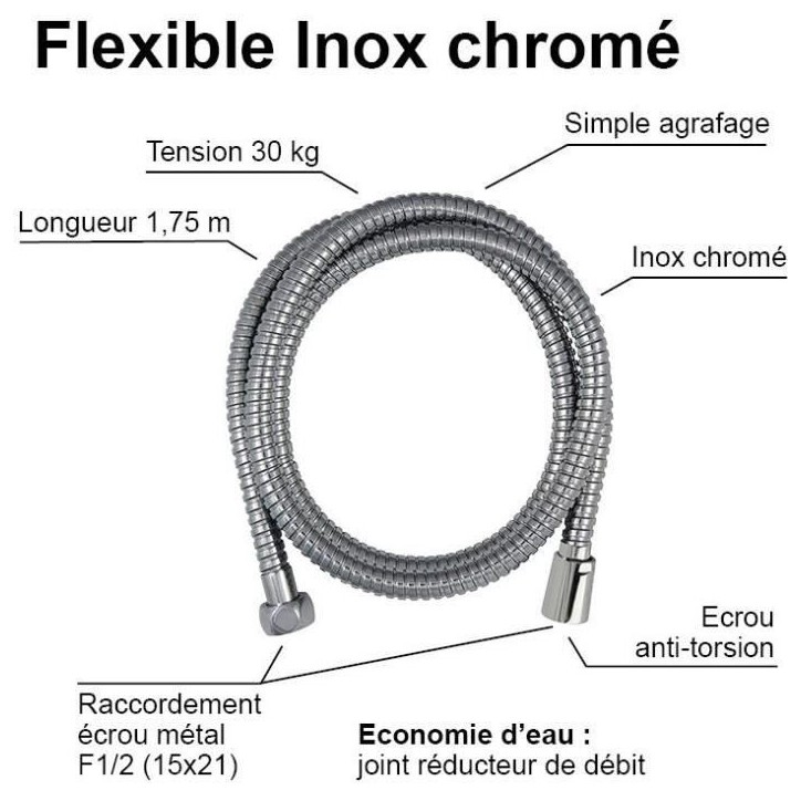 Flexible de douche - ROUSSEAU - Écrou métal anti-torsion - Sertis de sécurité - Longueur 1m75 - Inox chromé simple agrafage Flexible de douche - ROUSSEAU - Écrou métal anti-torsion - Sertis de sécurité - Longueur 1m75 - Inox chromé simple agrafage