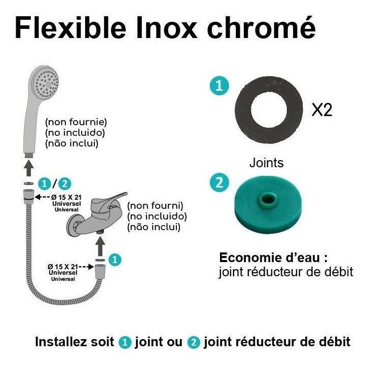 Flexible de douche - ROUSSEAU - Écrou métal anti-torsion - Sertis de sécurité - Longueur 1m75 - Inox chromé simple agrafage Flexible de douche - ROUSSEAU - Écrou métal anti-torsion - Sertis de sécurité - Longueur 1m75 - Inox chromé simple agrafage