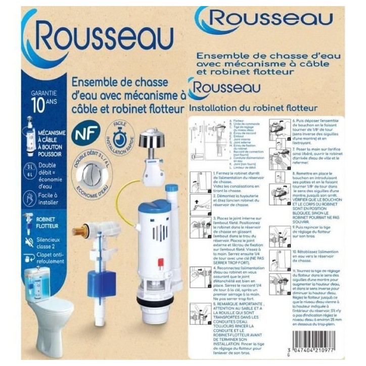 Kit mécanisme WC avec robinet flotteur latéral - ROUSSEAU - 3/6L - Certifié NF Kit mécanisme WC avec robinet flotteur latéral - ROUSSEAU - 3/6L - Certifié NF