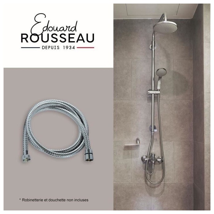 Flexible de douche - ROUSSEAU - Raccord universel - Format compact - Écrous métal - Longueur 1m50 - Inox chromé simple agrafa Flexible de douche - ROUSSEAU - Raccord universel - Format compact - Écrous métal - Longueur 1m50 - Inox chromé simple agrafa