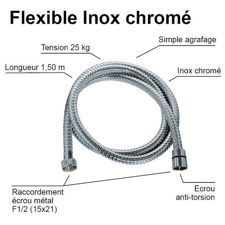 Flexible de douche - ROUSSEAU - Raccord universel - Format compact - Écrous métal - Longueur 1m50 - Inox chromé simple agrafa Flexible de douche - ROUSSEAU - Raccord universel - Format compact - Écrous métal - Longueur 1m50 - Inox chromé simple agrafa