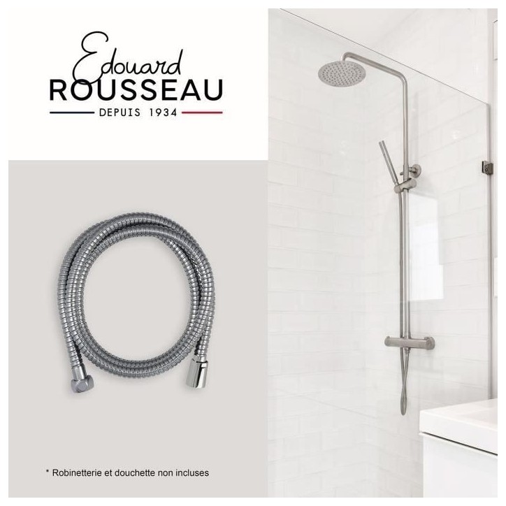 Flexible de douche - ROUSSEAU - Écrous métal anti-torsion - Réduction du débit - Longueur 2 m - Inox chromé double agrafage Flexible de douche - ROUSSEAU - Écrous métal anti-torsion - Réduction du débit - Longueur 2 m - Inox chromé double agrafage