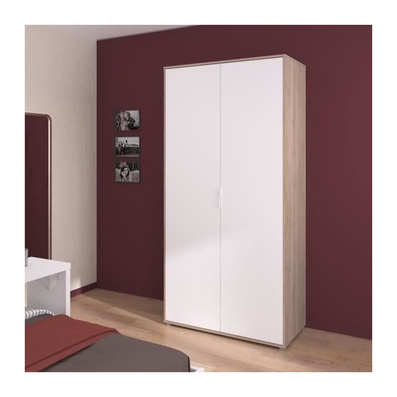 Armoire de chambre - Décor Blanc et chene - 2 portes battantes - L100 Armoire de chambre - Décor Blanc et chene - 2 portes battantes - L100
