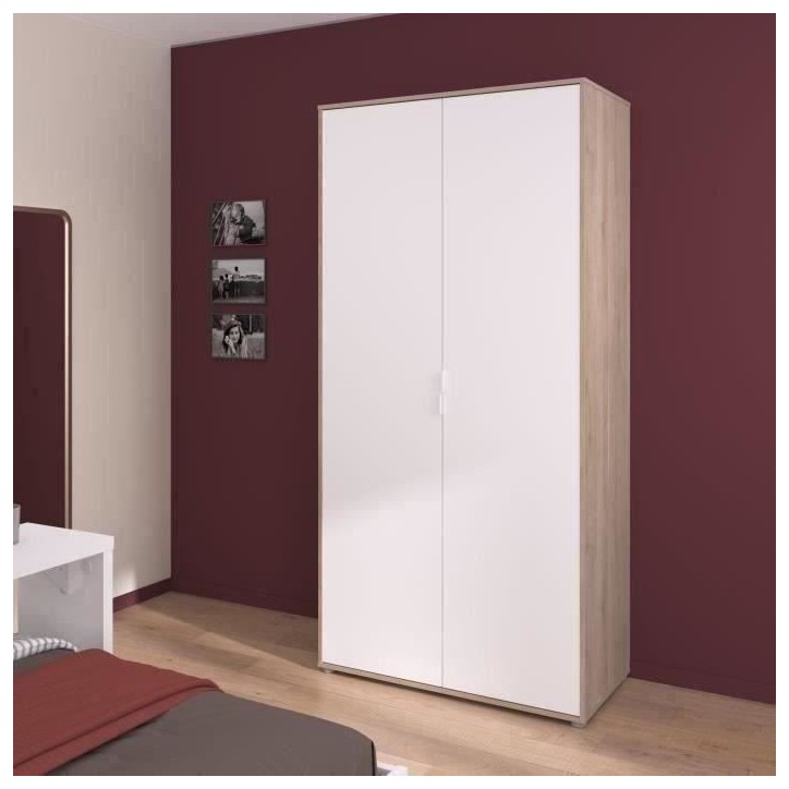 Armoire de chambre - Décor Blanc et chene - 2 portes battantes - L100 x P50,2 x H204,3 cm - AALBORG PARISOT Armoire de chambre - Décor Blanc et chene - 2 portes battantes - L100 x P50,2 x H204,3 cm - AALBORG PARISOT