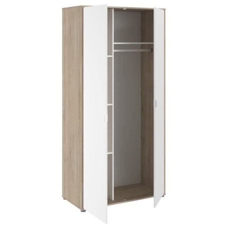 Armoire de chambre - Décor Blanc et chene - 2 portes battantes - L100 x P50,2 x H204,3 cm - AALBORG PARISOT Armoire de chambre - Décor Blanc et chene - 2 portes battantes - L100 x P50,2 x H204,3 cm - AALBORG PARISOT