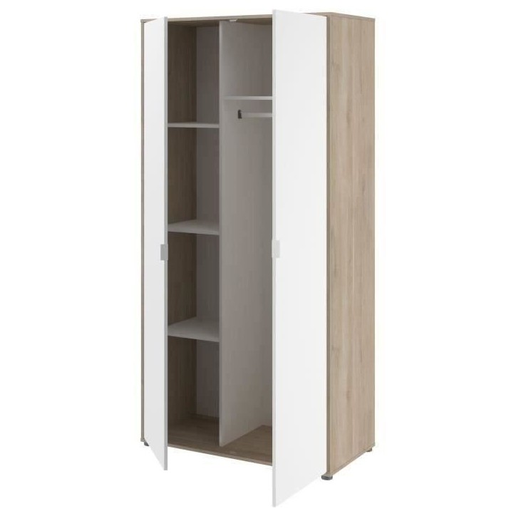 Armoire de chambre - Décor Blanc et chene - 2 portes battantes - L100 x P50,2 x H204,3 cm - AALBORG PARISOT Armoire de chambre - Décor Blanc et chene - 2 portes battantes - L100 x P50,2 x H204,3 cm - AALBORG PARISOT