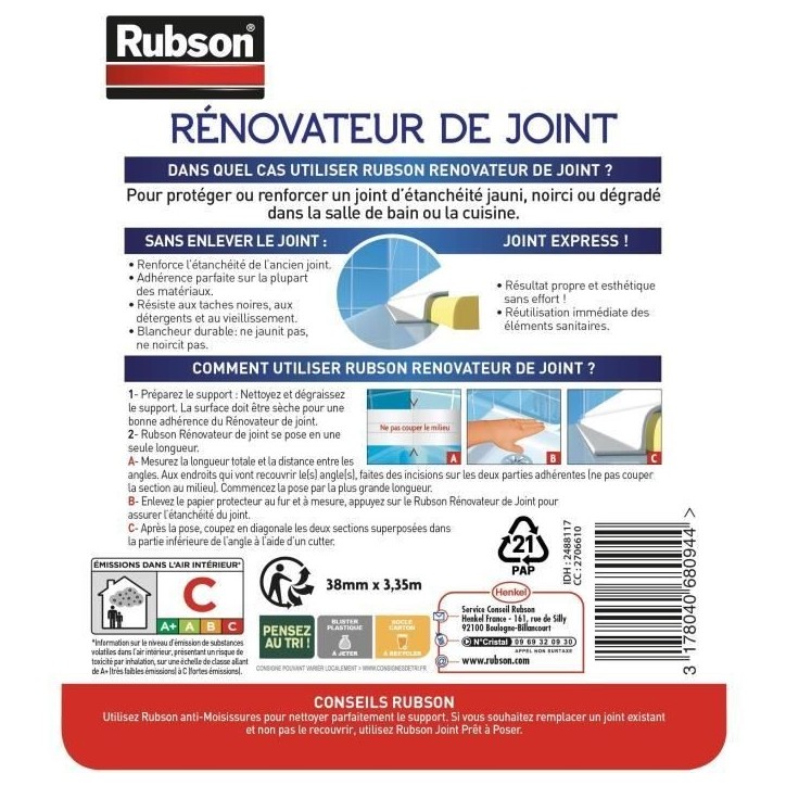 Produits de Service SDB Saine Rénov'Joint - RUBSON - Rouleau - 38mmx3.35m