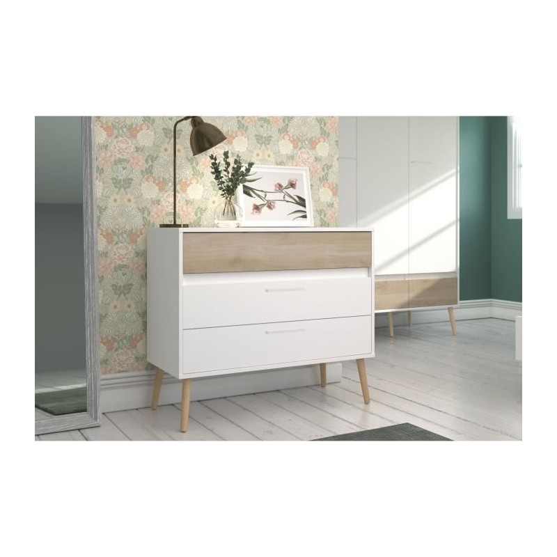 Commode - AALBORG - 3 tiroirs - Blanc - Style scandinave - 90,8 x 40 x Commode - AALBORG - 3 tiroirs - Blanc - Style scandinave - 90,8 x 40 x