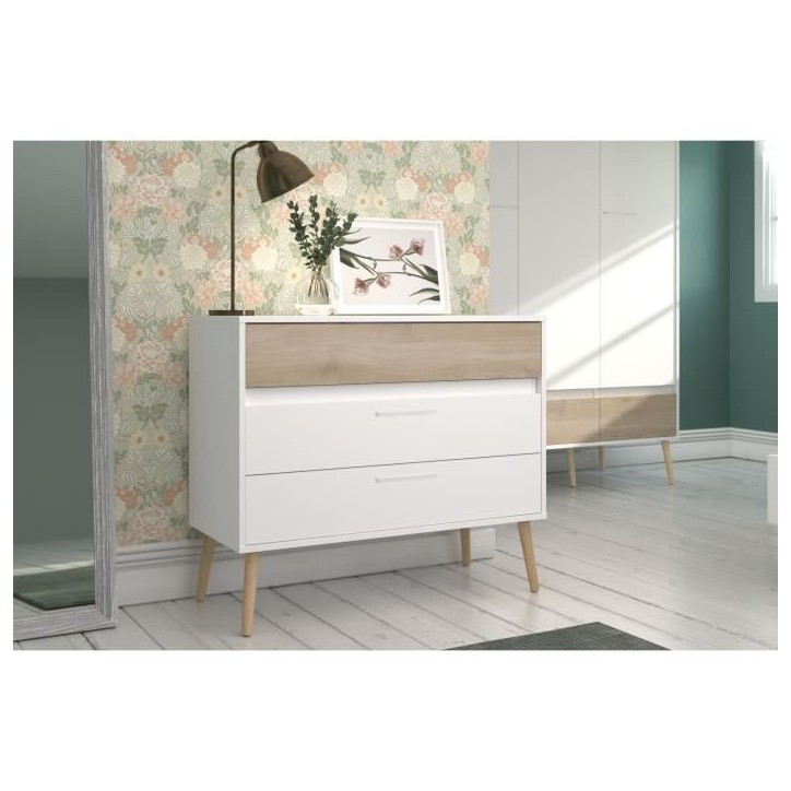 Commode - AALBORG - 3 tiroirs - Blanc - Style scandinave - 90,8 x 40 x 77,5 - PARISOT
