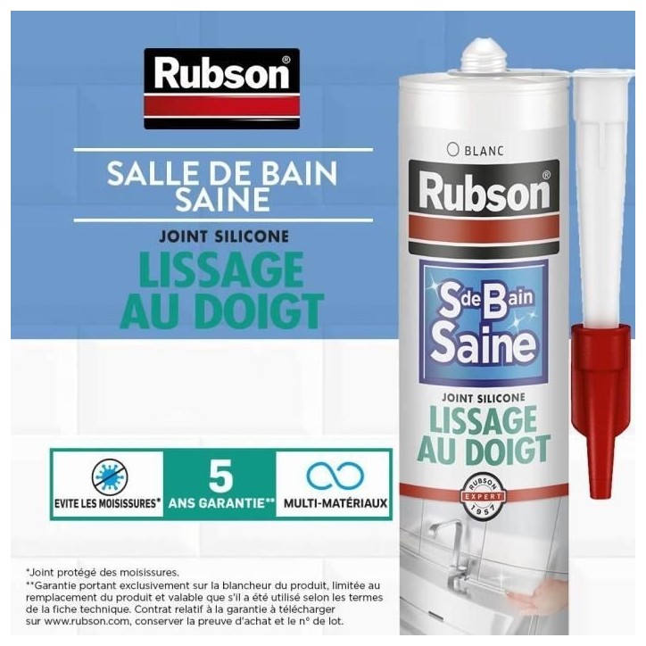 Mastic sanitaires - RUBSON - 1469154 - Salle de bain saine - Lissage au doigt - Blanc - 280ml