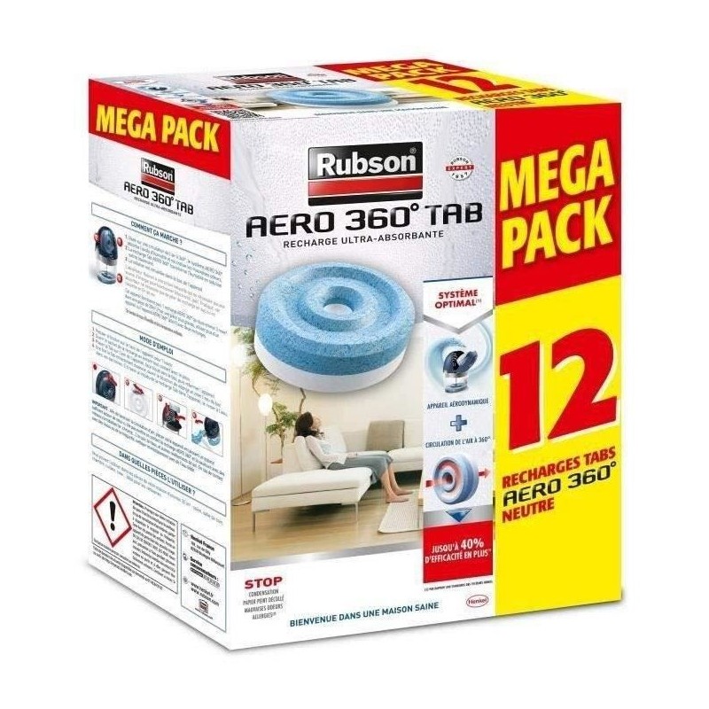 Recharge Aero 360 Neutre pour absorbeur d'humidité RUBSON - Lot de 12 Recharge Aero 360 Neutre pour absorbeur d'humidité RUBSON - Lot de 12