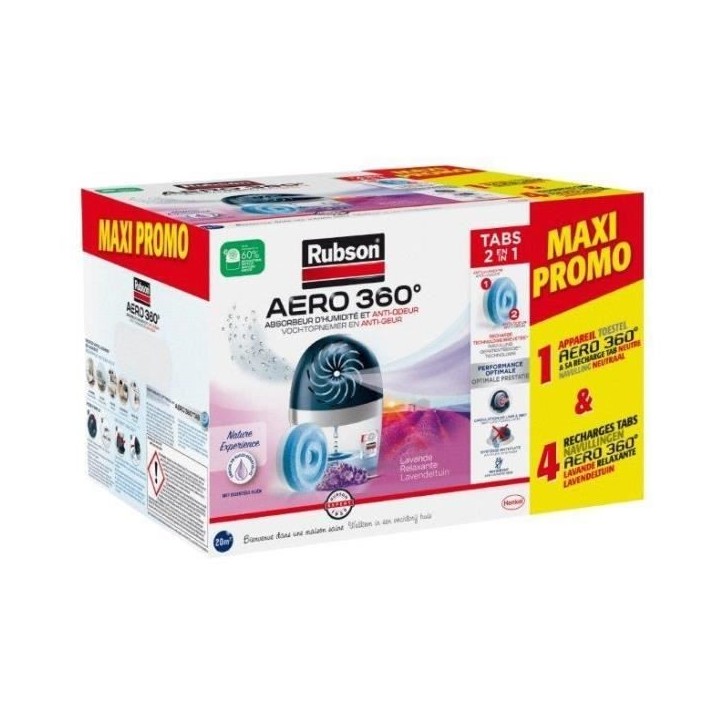 Absorbeur d'humidité - RUBSON - MAXI PROMO - 4 recharges Lavande + 1 appareil Aéro 360° 20 m² Absorbeur d'humidité - RUBSON - MAXI PROMO - 4 recharges Lavande + 1 appareil Aéro 360° 20 m²