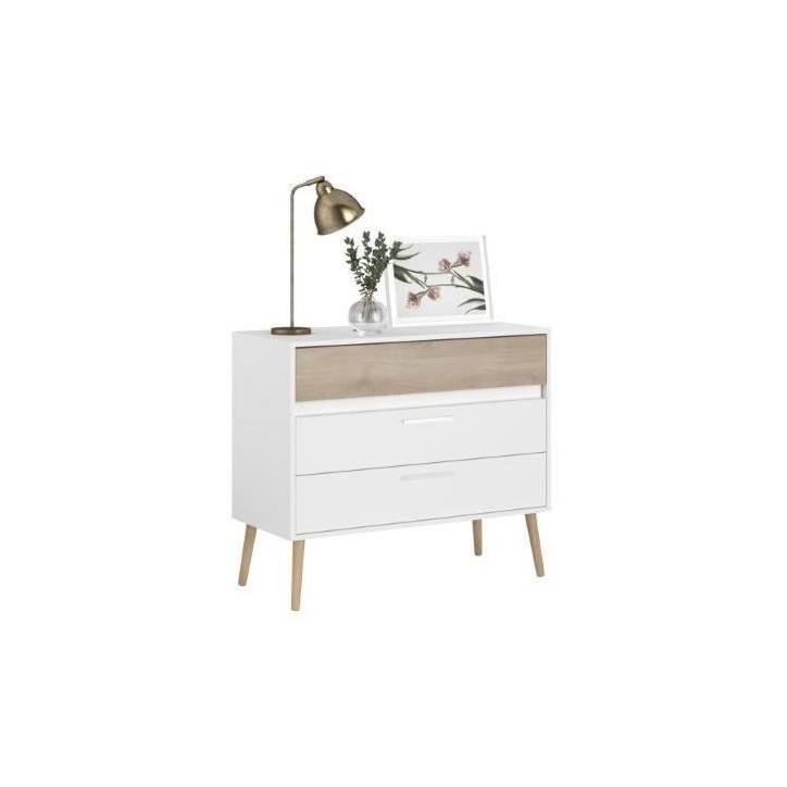 Commode - AALBORG - 3 tiroirs - Blanc - Style scandinave - 90,8 x 40 x 77,5 - PARISOT