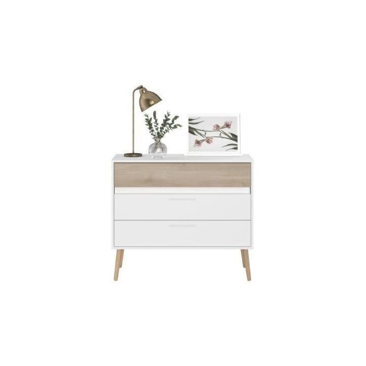 Commode - AALBORG - 3 tiroirs - Blanc - Style scandinave - 90,8 x 40 x 77,5 - PARISOT