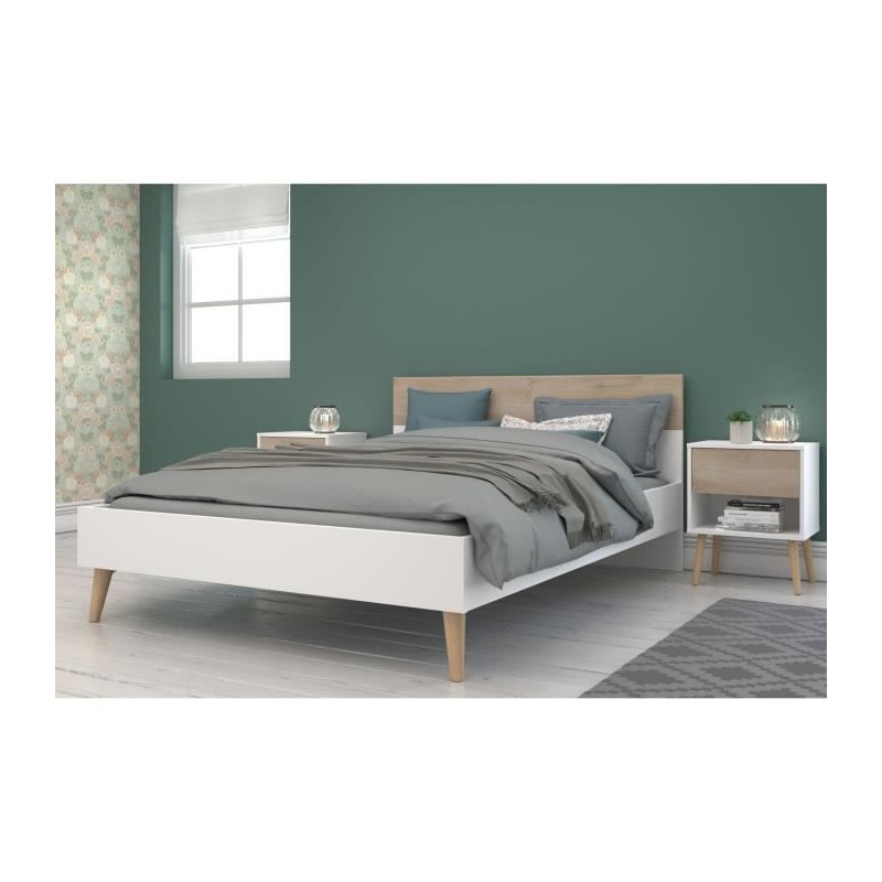 Ensemble Lit 140 x 190 cm + 2 chevets - AALBORG - Scandinave - Blanc / Ensemble Lit 140 x 190 cm + 2 chevets - AALBORG - Scandinave - Blanc /