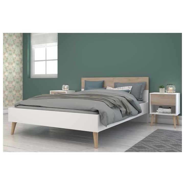 Ensemble Lit 140 x 190 cm + 2 chevets - AALBORG - Scandinave - Blanc / Chene - PARISOT Ensemble Lit 140 x 190 cm + 2 chevets - AALBORG - Scandinave - Blanc / Chene - PARISOT