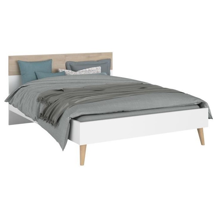 Ensemble Lit 140 x 190 cm + 2 chevets - AALBORG - Scandinave - Blanc / Chene - PARISOT Ensemble Lit 140 x 190 cm + 2 chevets - AALBORG - Scandinave - Blanc / Chene - PARISOT
