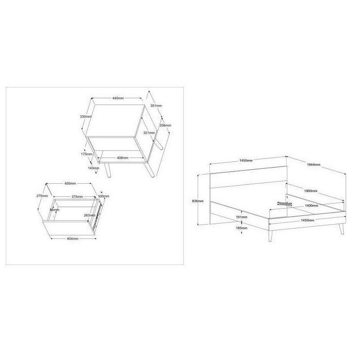 Ensemble Lit 140 x 190 cm + 2 chevets - AALBORG - Scandinave - Blanc / Chene - PARISOT Ensemble Lit 140 x 190 cm + 2 chevets - AALBORG - Scandinave - Blanc / Chene - PARISOT