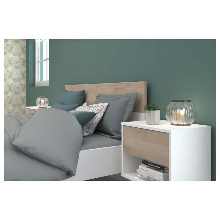 Ensemble Lit 160 x 200 cm + 2 chevets - AALBORG - Scandinave - Blanc / Chene - PARISOT Ensemble Lit 160 x 200 cm + 2 chevets - AALBORG - Scandinave - Blanc / Chene - PARISOT