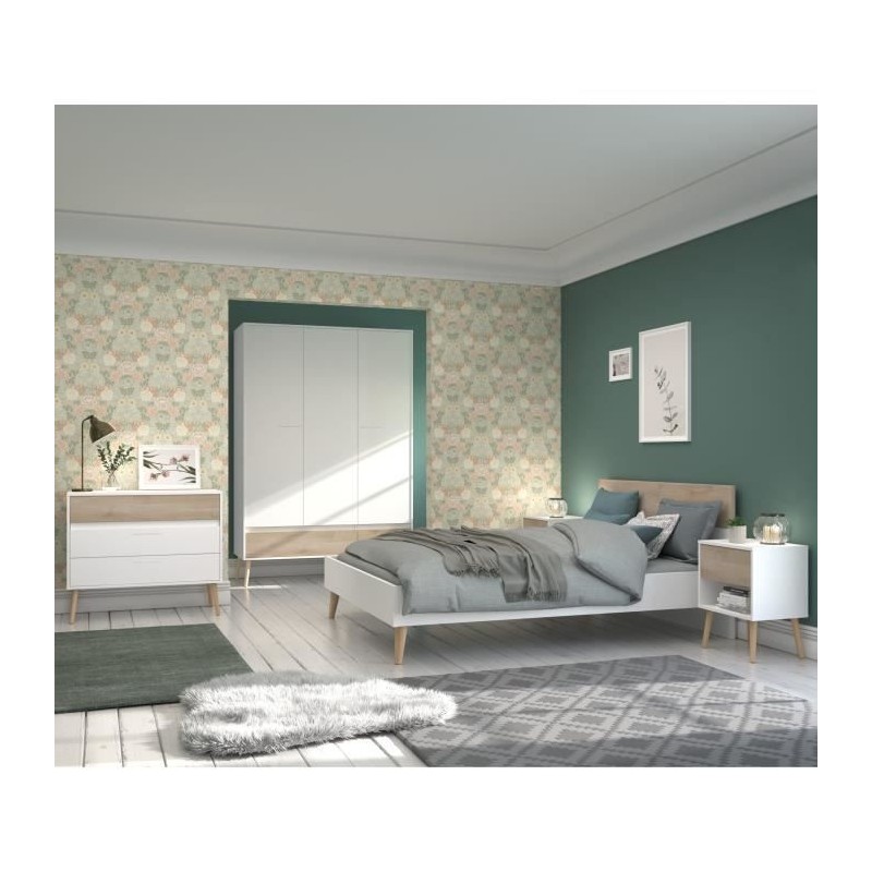 Chambre complete - AALBORG - Scandinave - Blanc / Chene - Lit 140 x 19 Chambre complete - AALBORG - Scandinave - Blanc / Chene - Lit 140 x 19