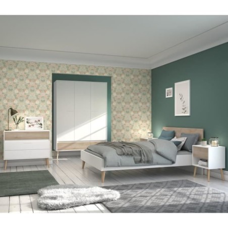 Chambre complete - AALBORG - Scandinave - Blanc / Chene - Lit 140 x 19