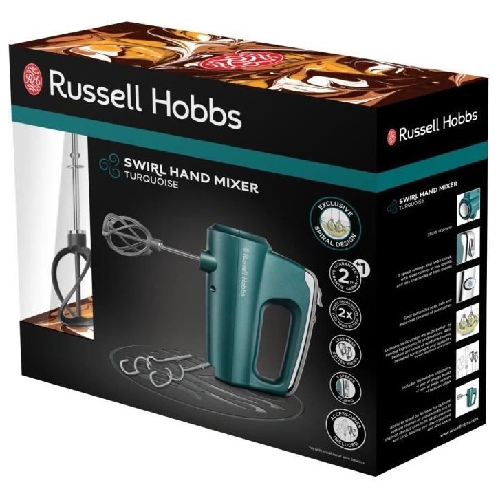 Batteur Mixeur Swirl - Russell Hobbs - 5 Vitesses - Fonction Turbo - Pétrin - Fouets - Turquoise
