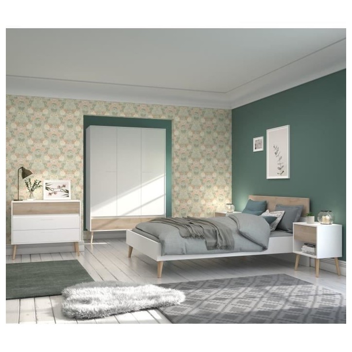 Chambre complete - AALBORG - Scandinave - Blanc / Chene - Lit 160 x 200 cm, 2 chevets, commode, armoire - PARISOT