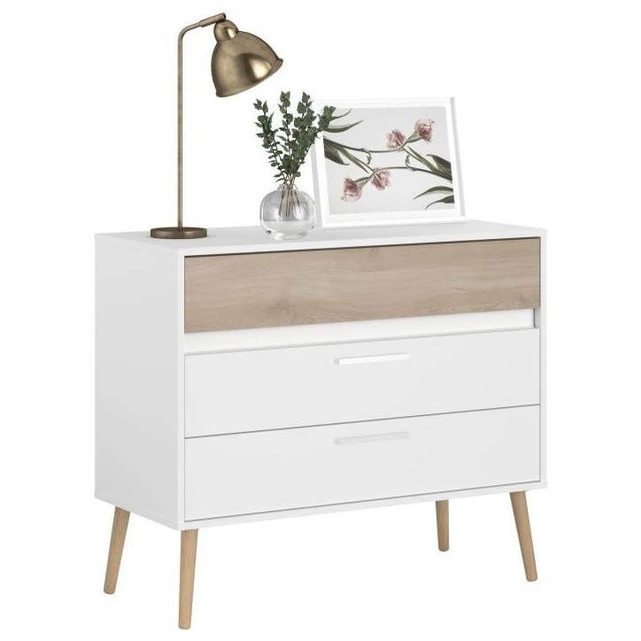 Chambre complete - AALBORG - Scandinave - Blanc / Chene - Lit 160 x 200 cm, 2 chevets, commode, armoire - PARISOT