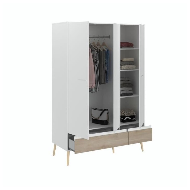 Chambre complete - AALBORG - Scandinave - Blanc / Chene - Lit 160 x 200 cm, 2 chevets, commode, armoire - PARISOT