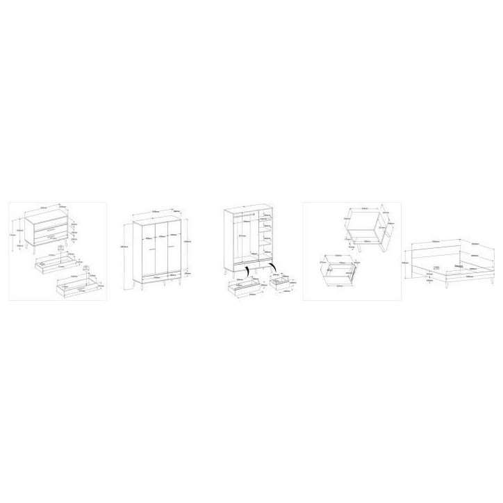 Chambre complete - AALBORG - Scandinave - Blanc / Chene - Lit 160 x 200 cm, 2 chevets, commode, armoire - PARISOT
