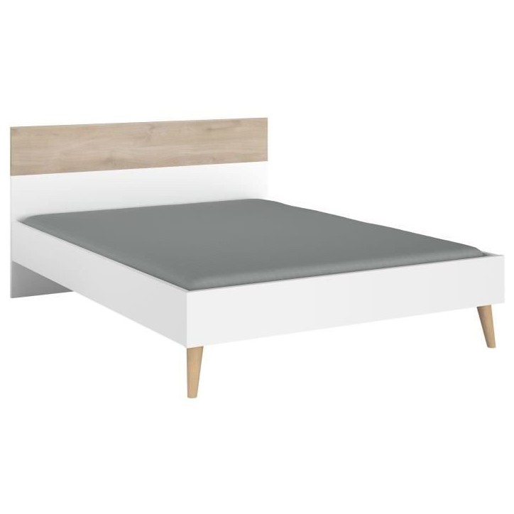 AALBORG Lit adulte 140x190 cm - Style Scandinave - Fabrication Française - Blanc et Chene AALBORG Lit adulte 140x190 cm - Style Scandinave - Fabrication Française - Blanc et Chene
