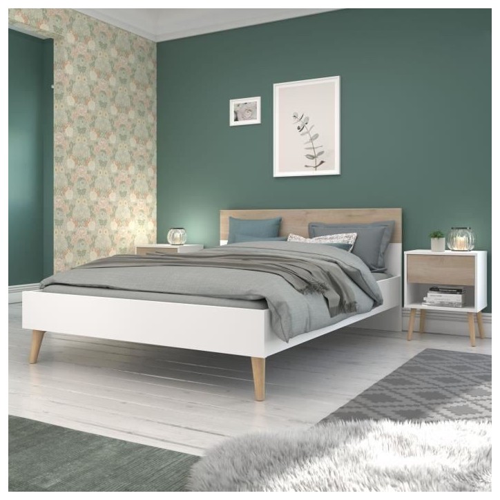 Lit adulte - AALBORG - 160 x 200 cm - Blanc / Chene - PARISOT Lit adulte - AALBORG - 160 x 200 cm - Blanc / Chene - PARISOT