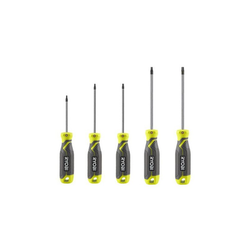 RYOBI - Jeu de 5 tournevis TORX avec lame aimantée T10, T15, T20, T25 RYOBI - Jeu de 5 tournevis TORX avec lame aimantée T10, T15, T20, T25