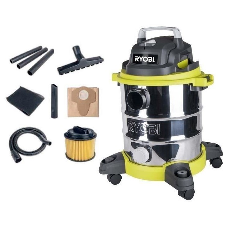RYOBI - Aspirateur eau et poussiere 1 250 W - cuve Inox 20 L - dépression 20,5 kPa - Avec filtre, extension, suceur - RVC-1220I RYOBI - Aspirateur eau et poussiere 1 250 W - cuve Inox 20 L - dépression 20,5 kPa - Avec filtre, extension, suceur - RVC-1220I