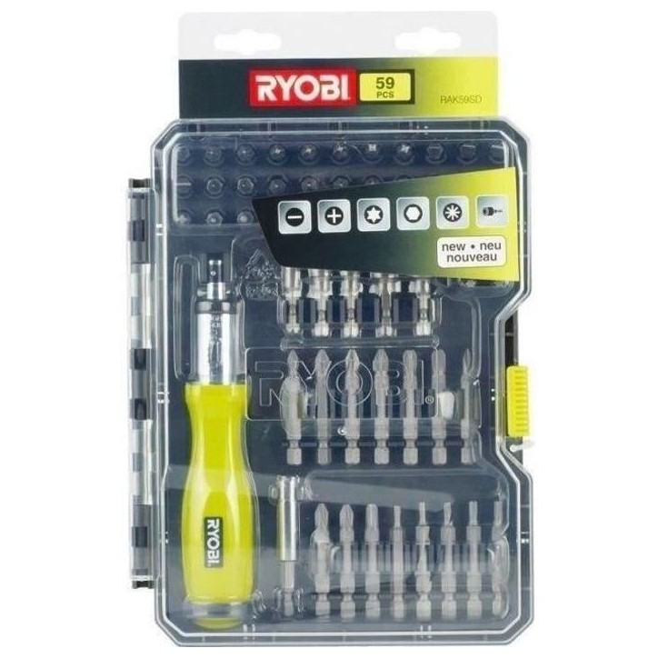 RYOBI - Coffret 59 accessoires vissage - boulonnage PH / PZ / SL / HEX / TX avec tournevis a cliquet - RAK59SD RYOBI - Coffret 59 accessoires vissage - boulonnage PH / PZ / SL / HEX / TX avec tournevis a cliquet - RAK59SD
