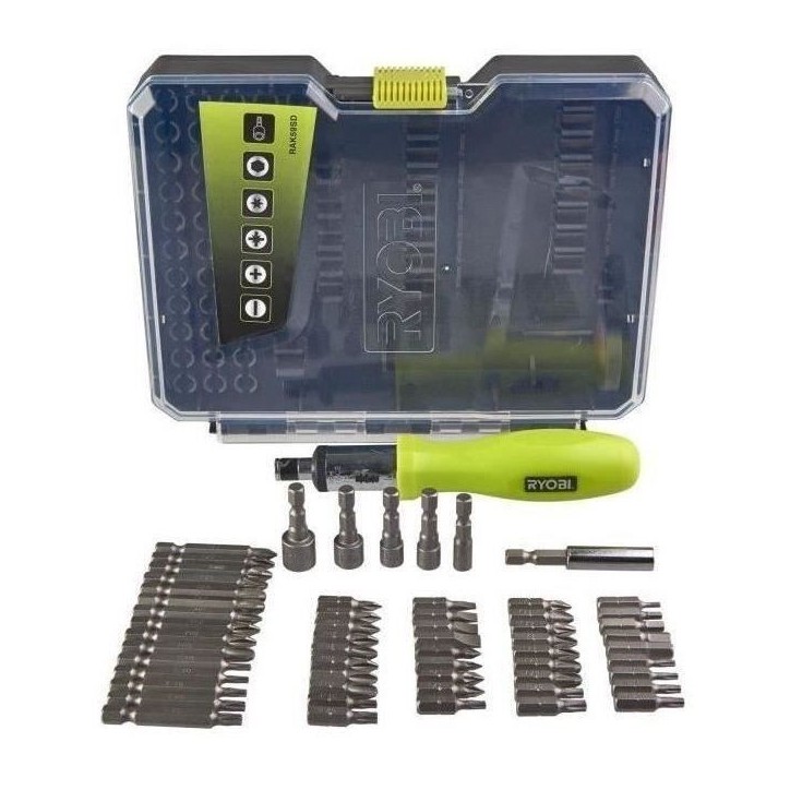 RYOBI - Coffret 59 accessoires vissage - boulonnage PH / PZ / SL / HEX / TX avec tournevis a cliquet - RAK59SD RYOBI - Coffret 59 accessoires vissage - boulonnage PH / PZ / SL / HEX / TX avec tournevis a cliquet - RAK59SD