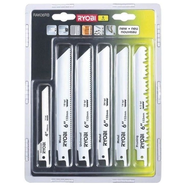 RYOBI - Blister 6 lames panachées scie sabre longueur 100 / 152 mm bois / métal - emmanchement universel scie sabre - RAK06RB RYOBI - Blister 6 lames panachées scie sabre longueur 100 / 152 mm bois / métal - emmanchement universel scie sabre - RAK06RB