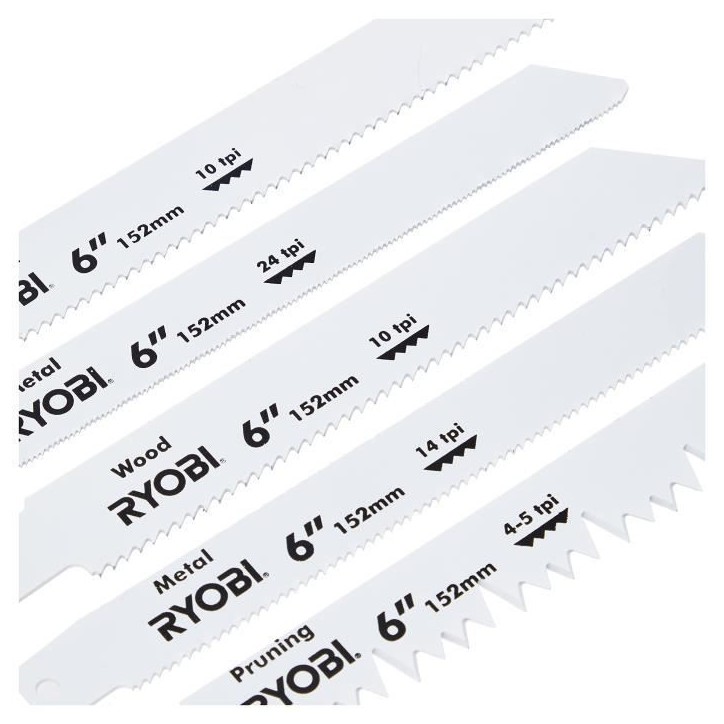 RYOBI - Blister 6 lames panachées scie sabre longueur 100 / 152 mm bois / métal - emmanchement universel scie sabre - RAK06RB RYOBI - Blister 6 lames panachées scie sabre longueur 100 / 152 mm bois / métal - emmanchement universel scie sabre - RAK06RB