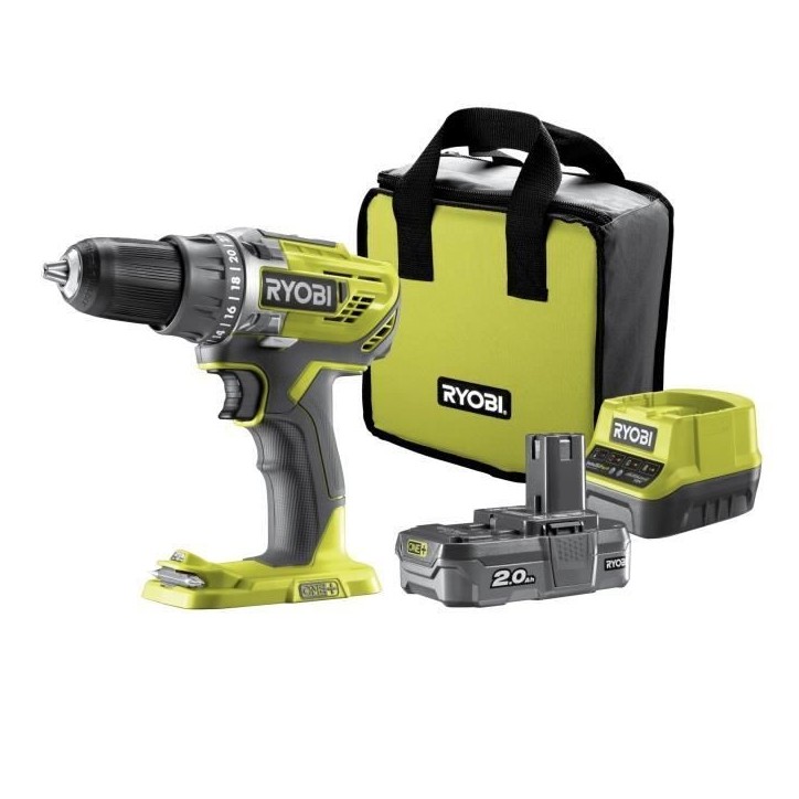 RYOBI - Perceuse-visseuse 18V ONE+ - 50 Nm - 500-1800 tr/min - mandrin 13 mm + 1 batterie 2 Ah, chargeur & sac - R18DD3-120S RYOBI - Perceuse-visseuse 18V ONE+ - 50 Nm - 500-1800 tr/min - mandrin 13 mm + 1 batterie 2 Ah, chargeur & sac - R18DD3-120S