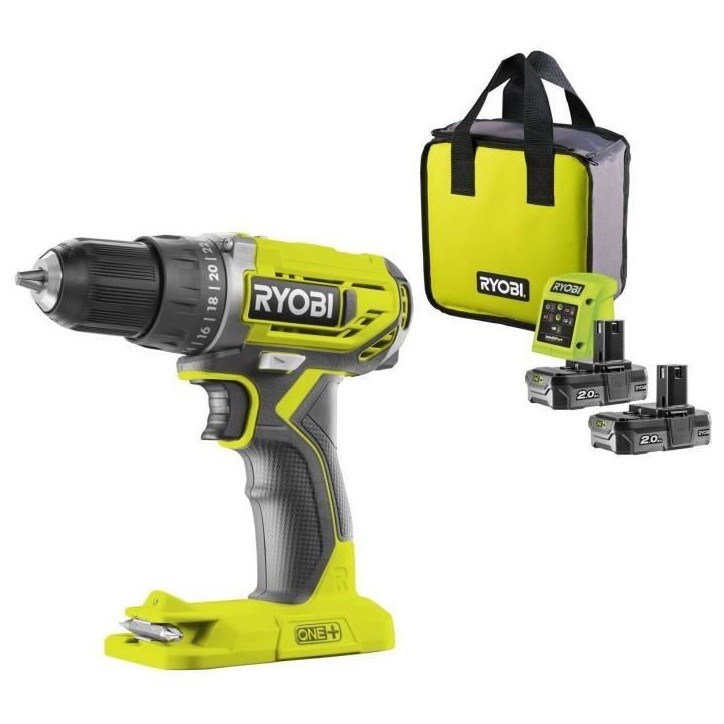 RYOBI - Perceuse-visseuse compacte 18V ONE+ - 2 batteries lithium+ 2,0 Ah - chargeur 1,5 A - Sac de transport - R18DD2-220S RYOBI - Perceuse-visseuse compacte 18V ONE+ - 2 batteries lithium+ 2,0 Ah - chargeur 1,5 A - Sac de transport - R18DD2-220S