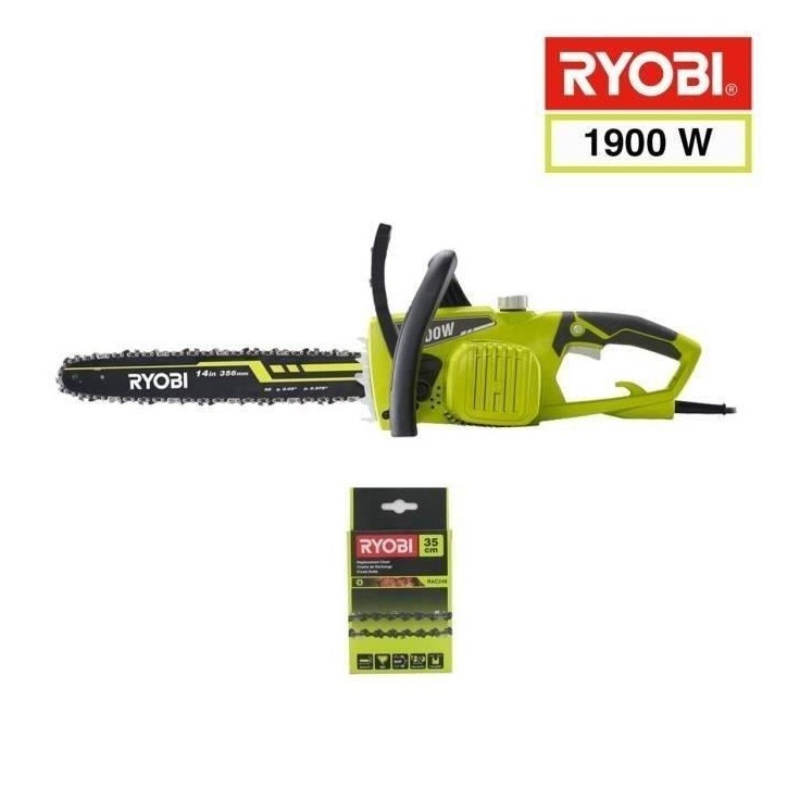 RYOBI - Tronçonneuse 1900 W - guide 35 cm - 15 m/s - tendeur sans outil - 2eme chaîne offerte - RCS1935B2C RYOBI - Tronçonneuse 1900 W - guide 35 cm - 15 m/s - tendeur sans outil - 2eme chaîne offerte - RCS1935B2C